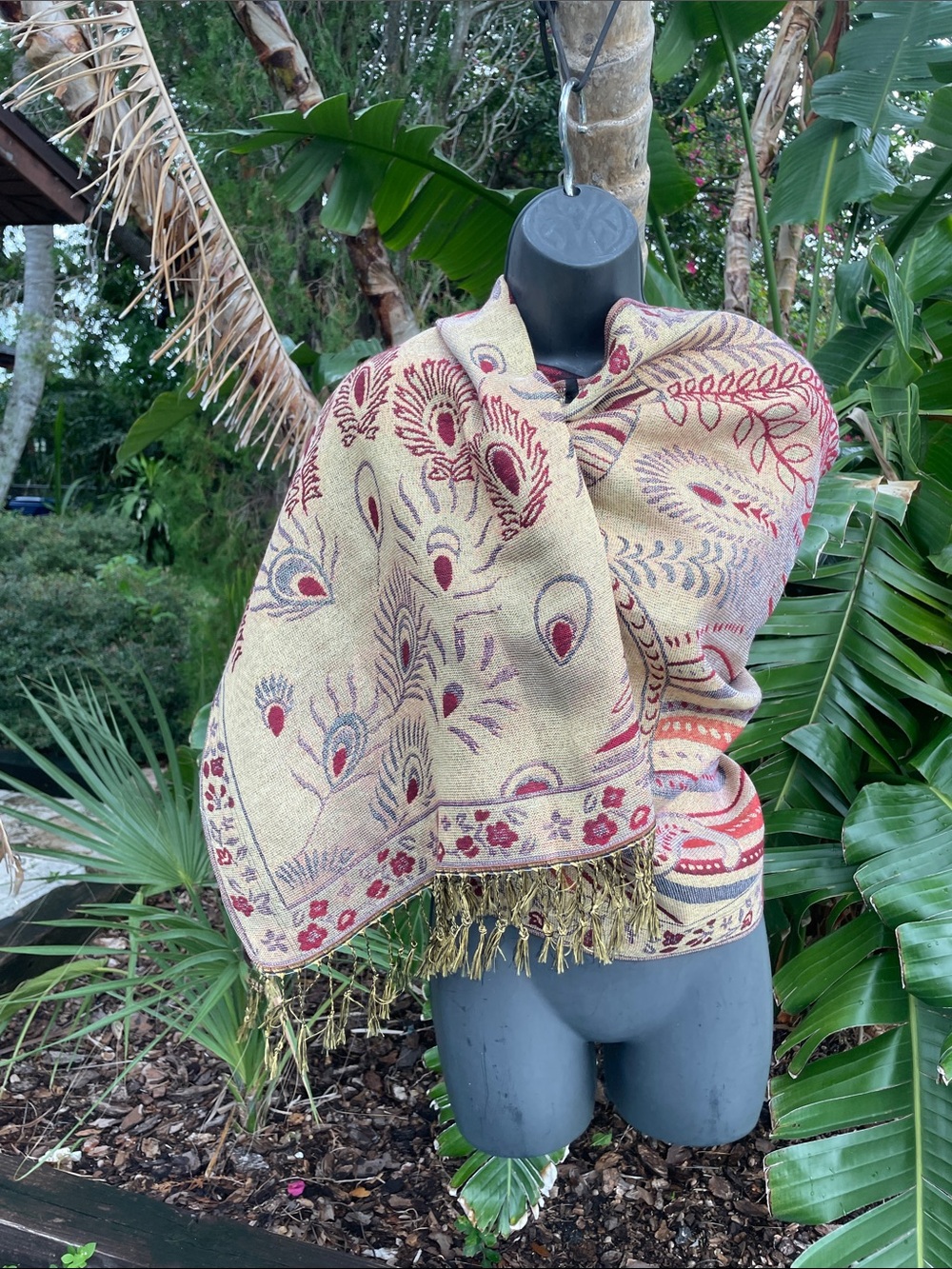 Super long fringe reversible Jacquard scarf or poncho